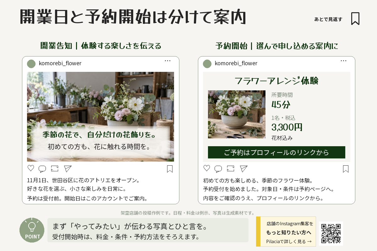 開業告知では体験の魅力を、予約開始時には料金・所要時間・申込先を見せる投稿の比較