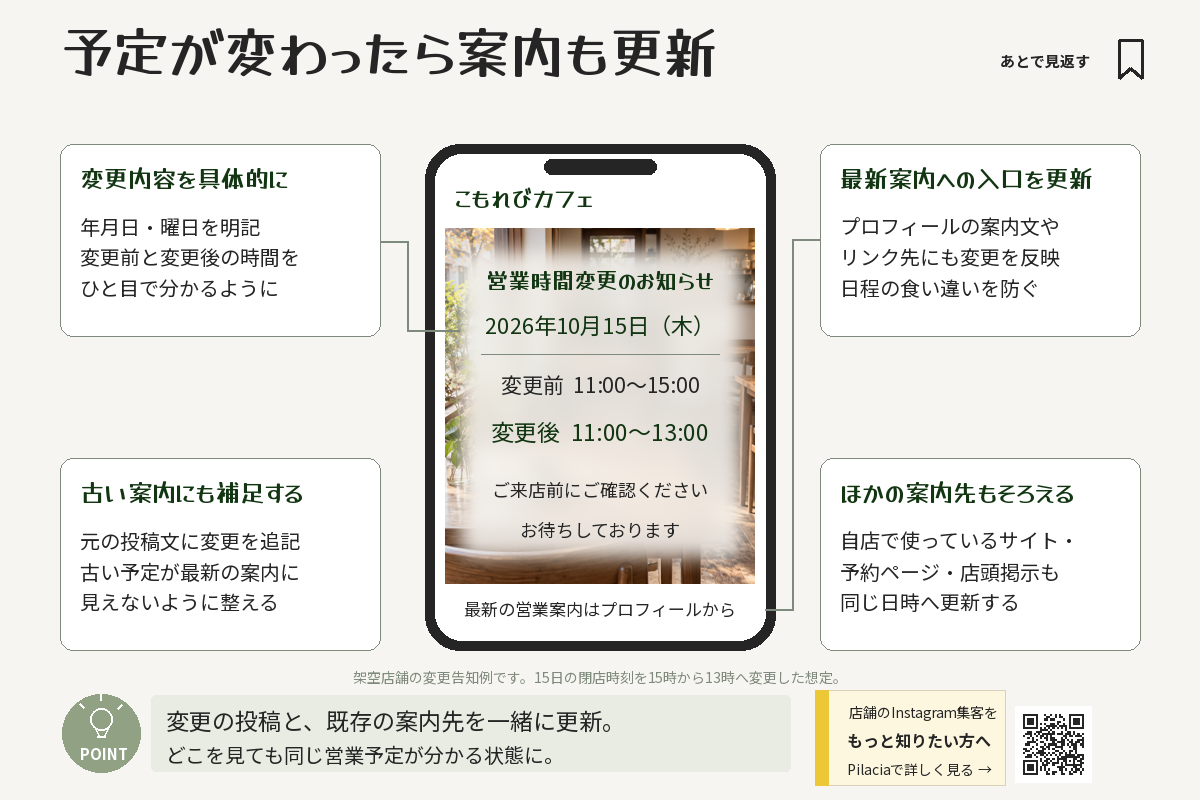 営業時間の変更前後を明示し、元の投稿・プロフィール・予約ページなどの案内を更新する例