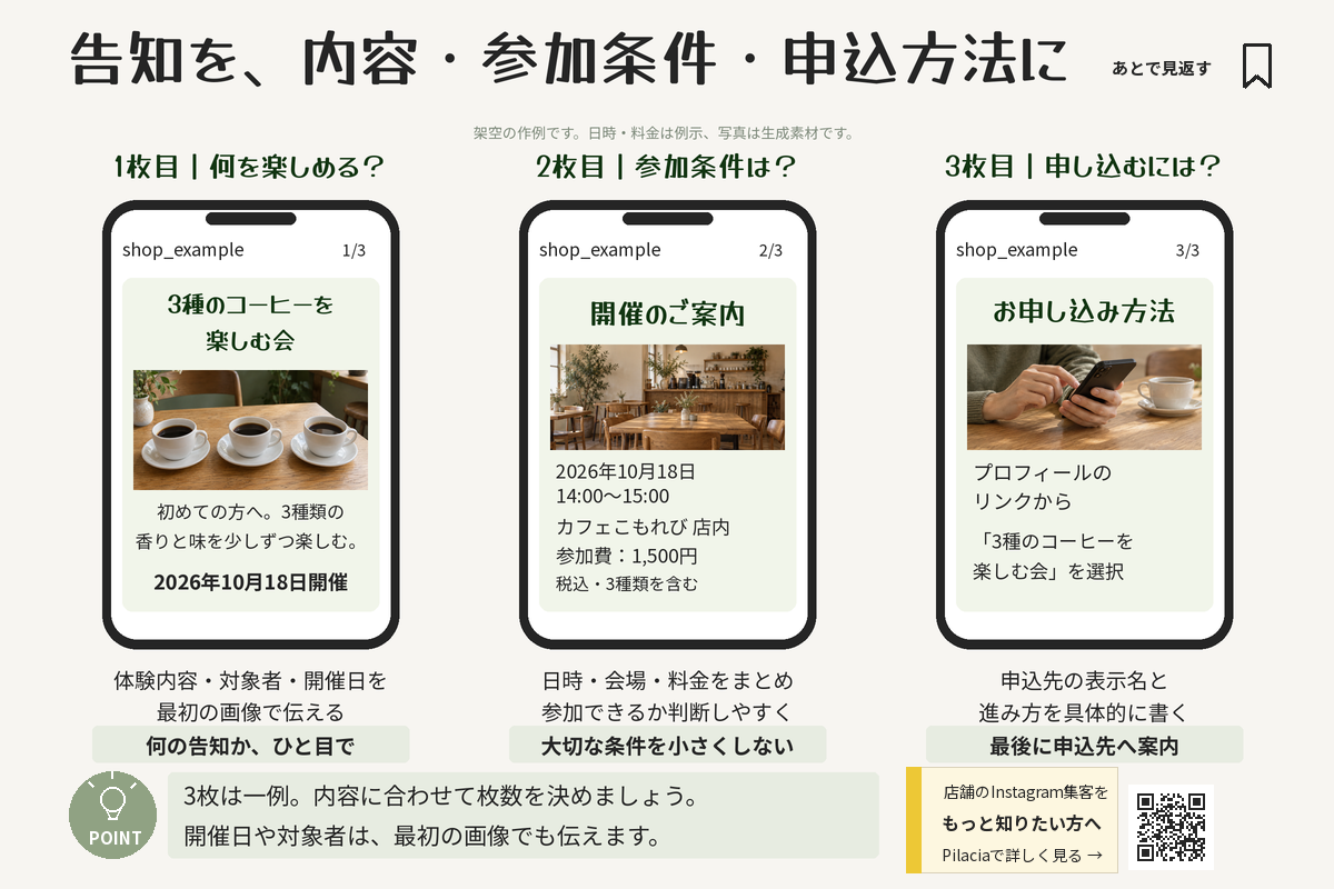 コーヒーイベントの告知を内容・参加条件・申込方法の3枚に分けた投稿例