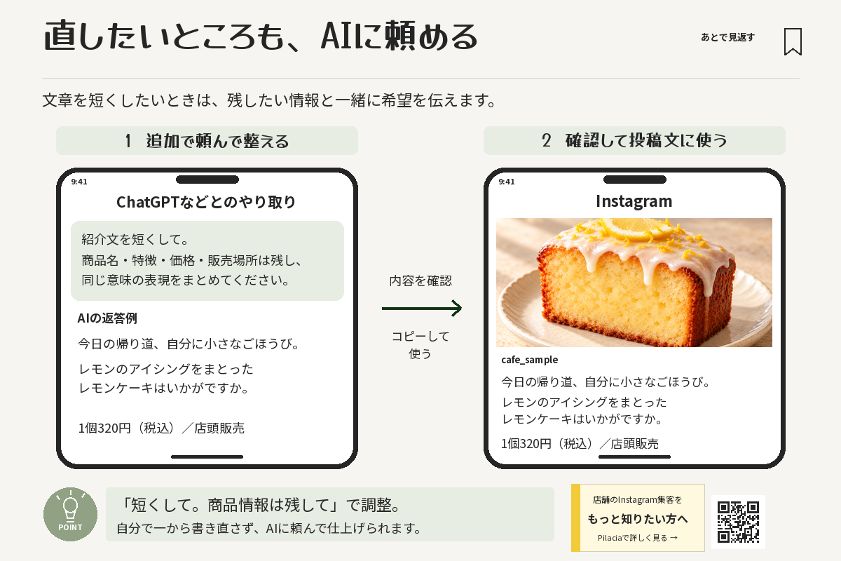 AIに追加で依頼して投稿文を短く整え、内容を確認してから使う流れ