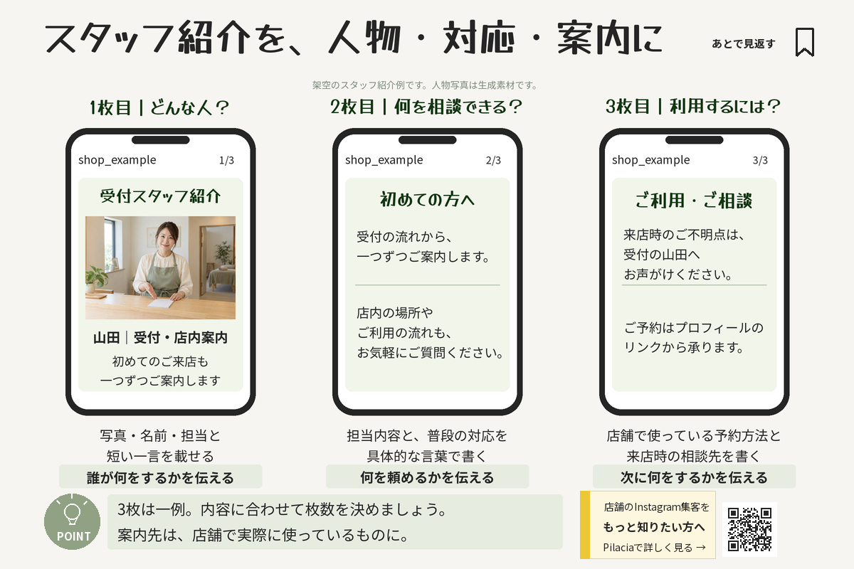 スタッフ紹介を人物・対応・利用案内の3枚に分け、最後に予約方法を伝える投稿例