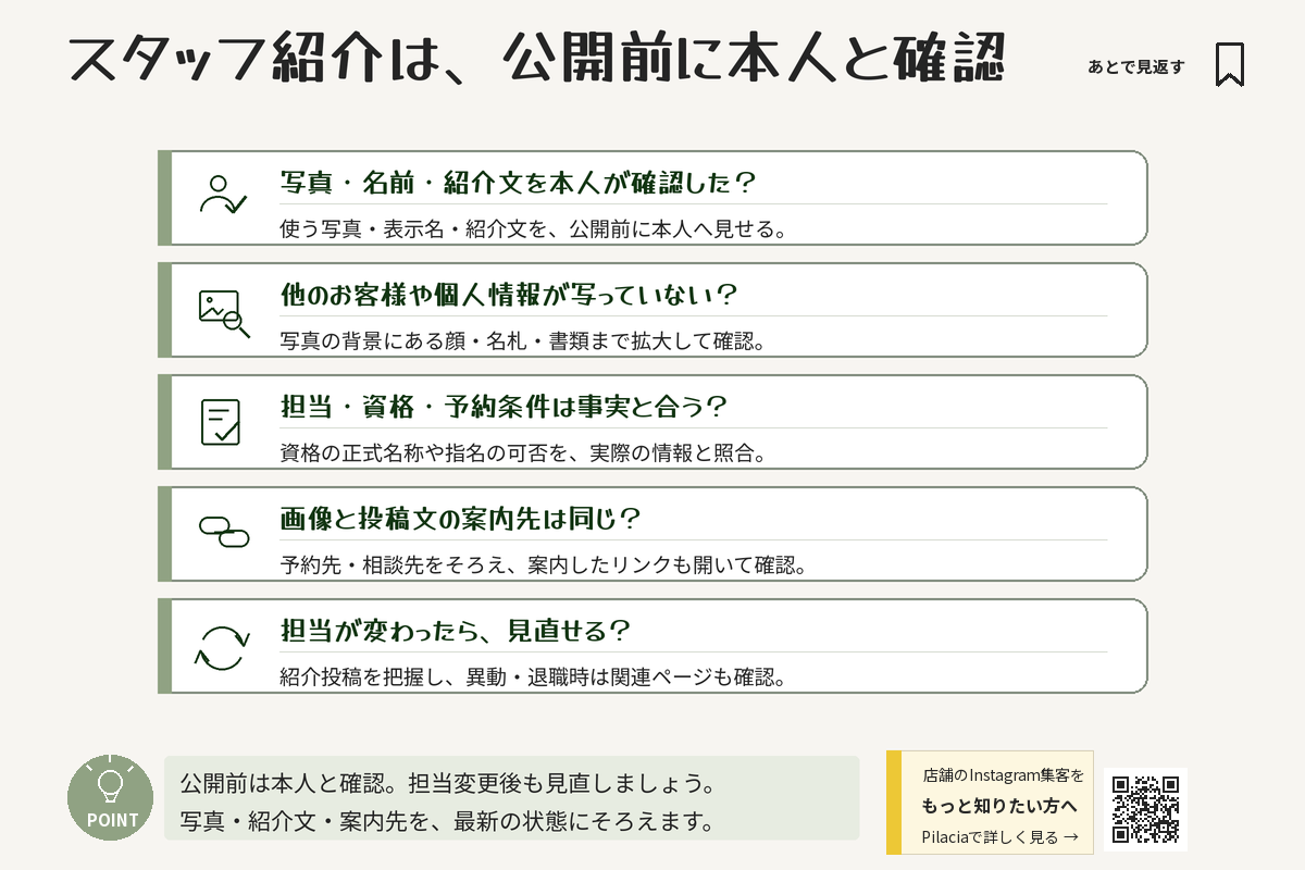 スタッフ紹介の本人確認、写真の写り込み、情報の正確さ、案内先、担当変更時の見直しを確認するチェックリスト