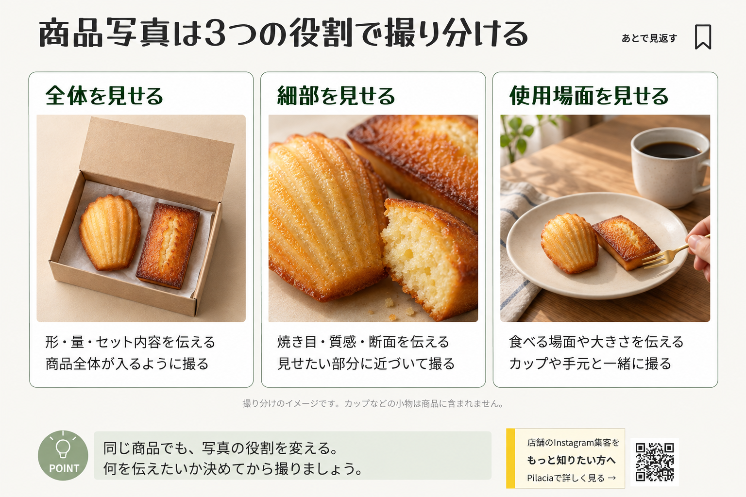 同じ焼き菓子を全体、細部、使用場面の3つの役割で撮り分ける商品写真の例